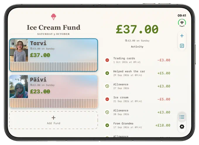 Ice Cream Fund home screen on an unfolded iPhone Duo