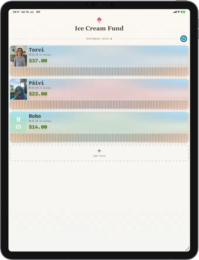 Ice Cream Fund home screen on an iPad