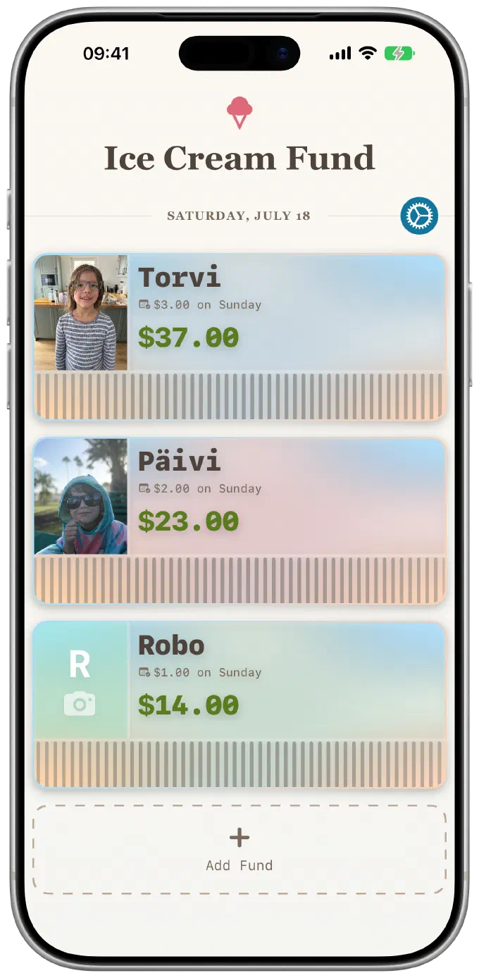 Ice Cream Fund home screen showing three kids' funds with balances
