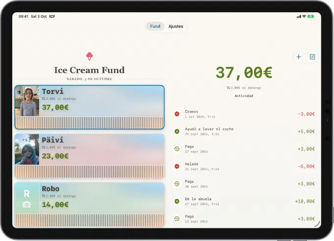 Pantalla de inicio de Ice Cream Fund en un iPad