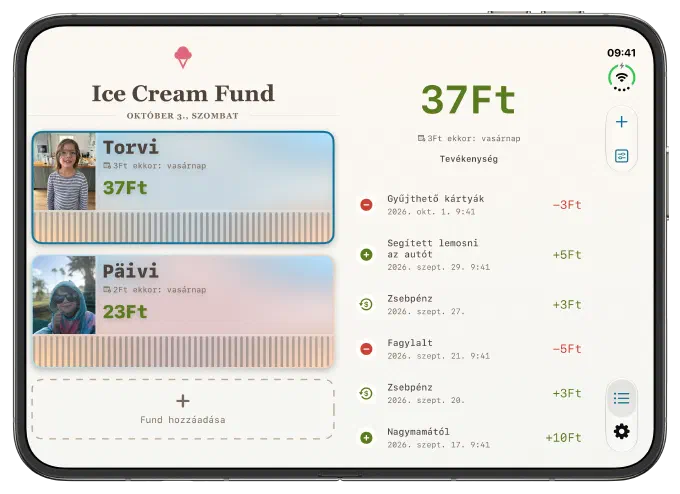 Az Ice Cream Fund kezdőképernyője egy kinyitott iPhone Duón
