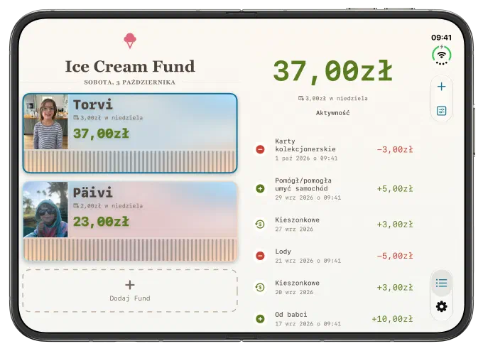 Ekran główny Ice Cream Fund na rozłożonym iPhonie Duo